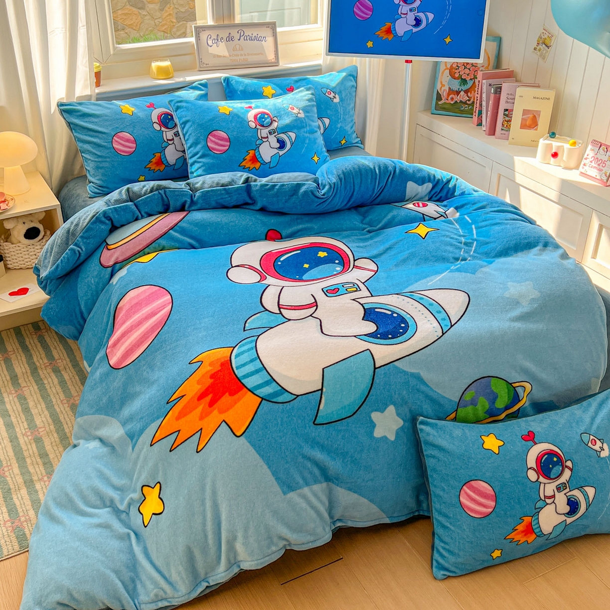 91家纺网 家纺一手货源 找家纺 （总）浩诚 2025新款高克重原创设计宇航员太空人牛奶绒大版卡通四件套