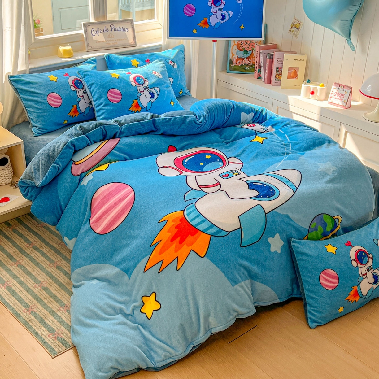 91家纺网 家纺一手货源 找家纺 （总）浩诚 2025新款高克重原创设计宇航员太空人牛奶绒大版卡通四件套