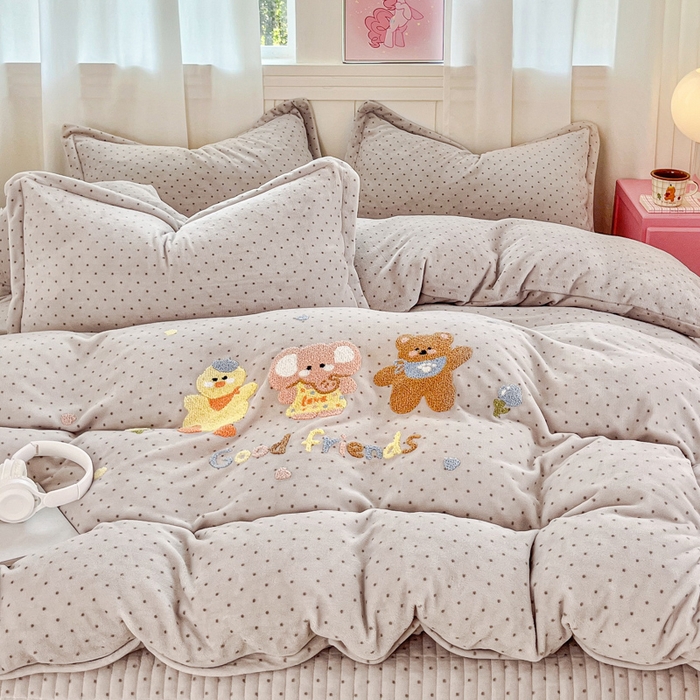 尚美 2025新款波点系列印加绣牛奶绒床盖四件套 奶伙伴灰