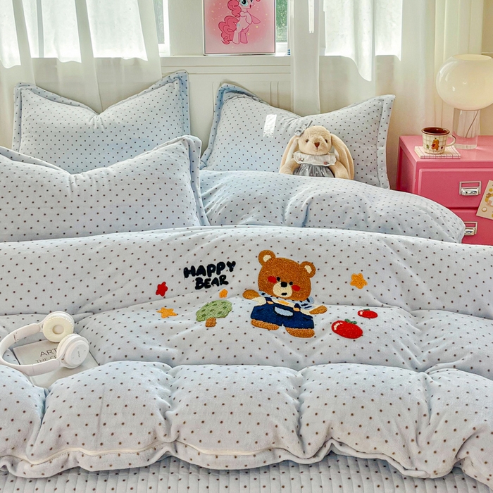 尚美 2025新款波点系列印加绣牛奶绒床盖四件套 奶熊团团兰