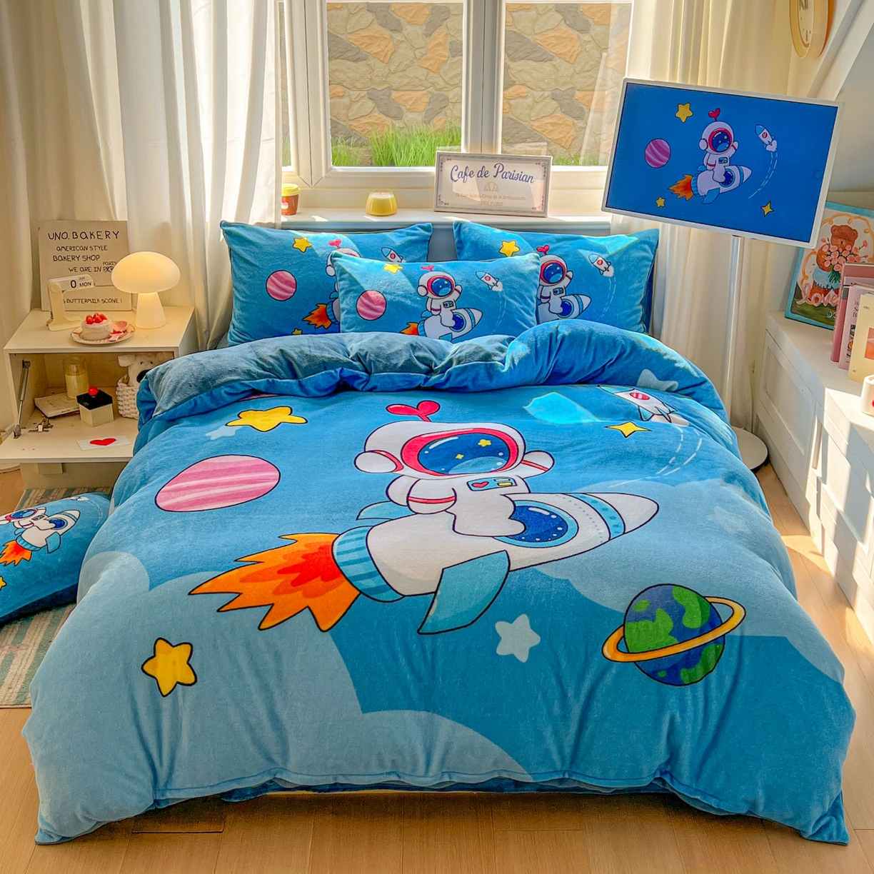 91家纺网 家纺一手货源 找家纺 （总）浩诚 2025新款高克重原创设计宇航员太空人牛奶绒大版卡通四件套