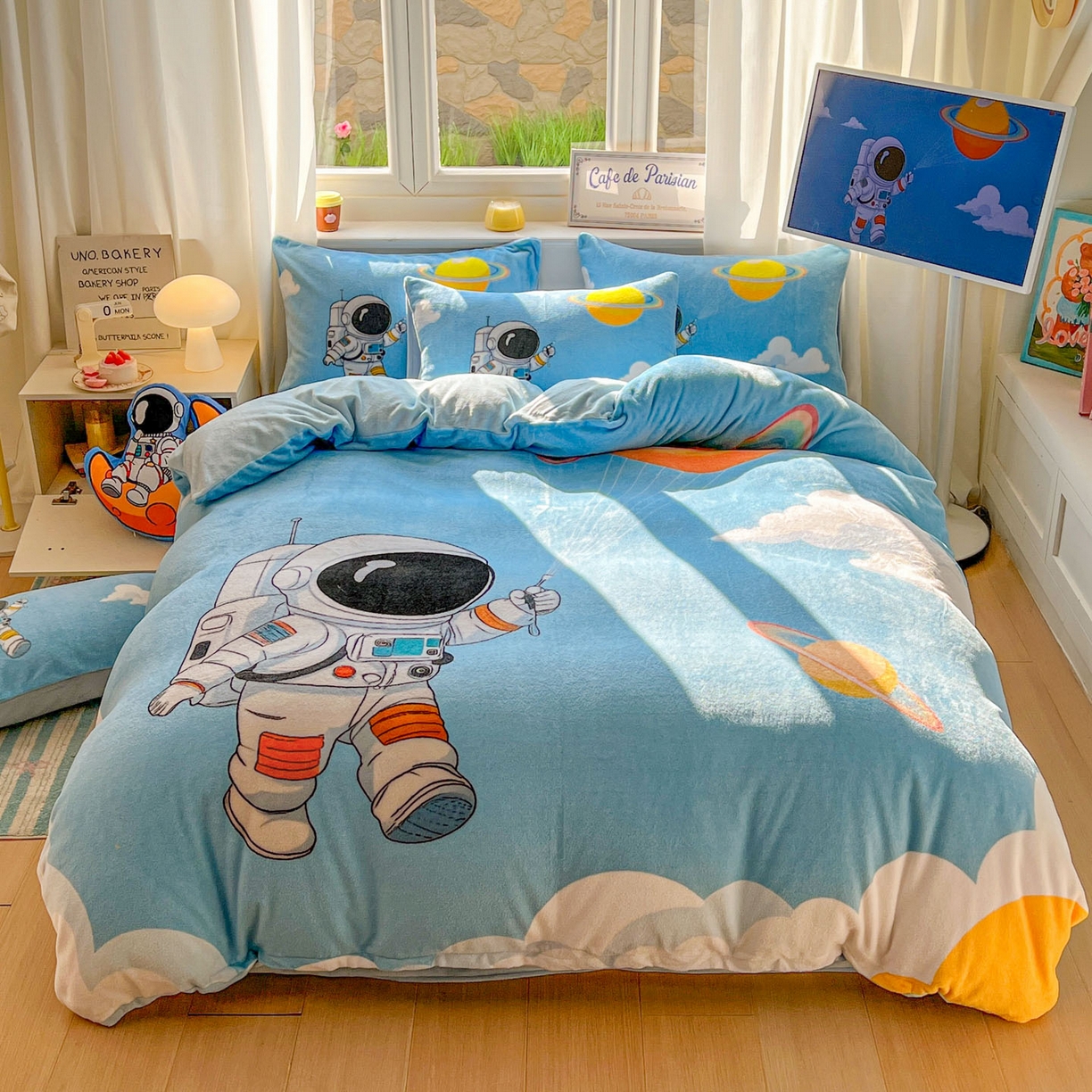 91家纺网 家纺一手货源 找家纺 （总）浩诚 2025新款高克重原创设计宇航员太空人牛奶绒大版卡通四件套