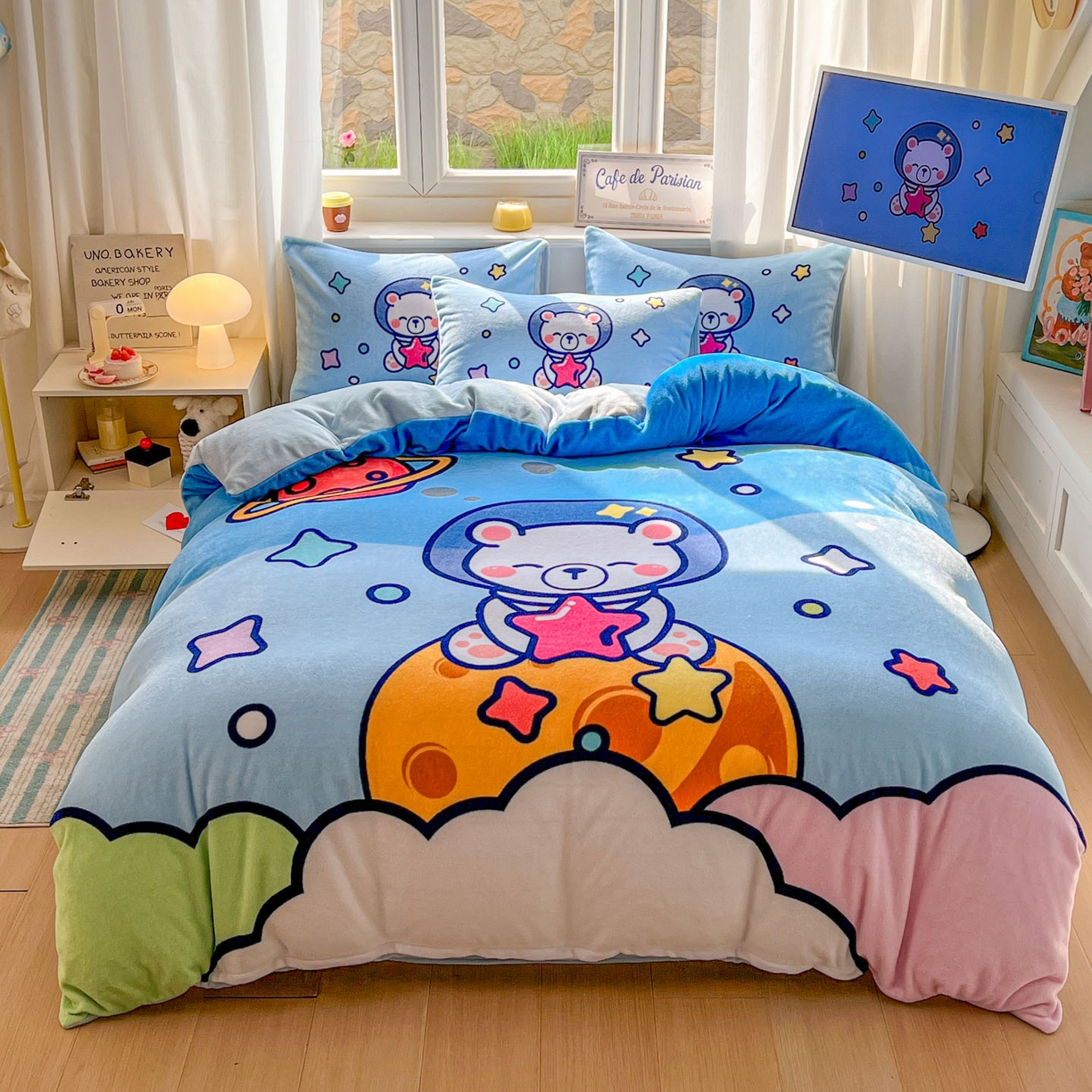 91家纺网 家纺一手货源 找家纺 （总）浩诚 2025新款高克重原创设计宇航员太空人牛奶绒大版卡通四件套