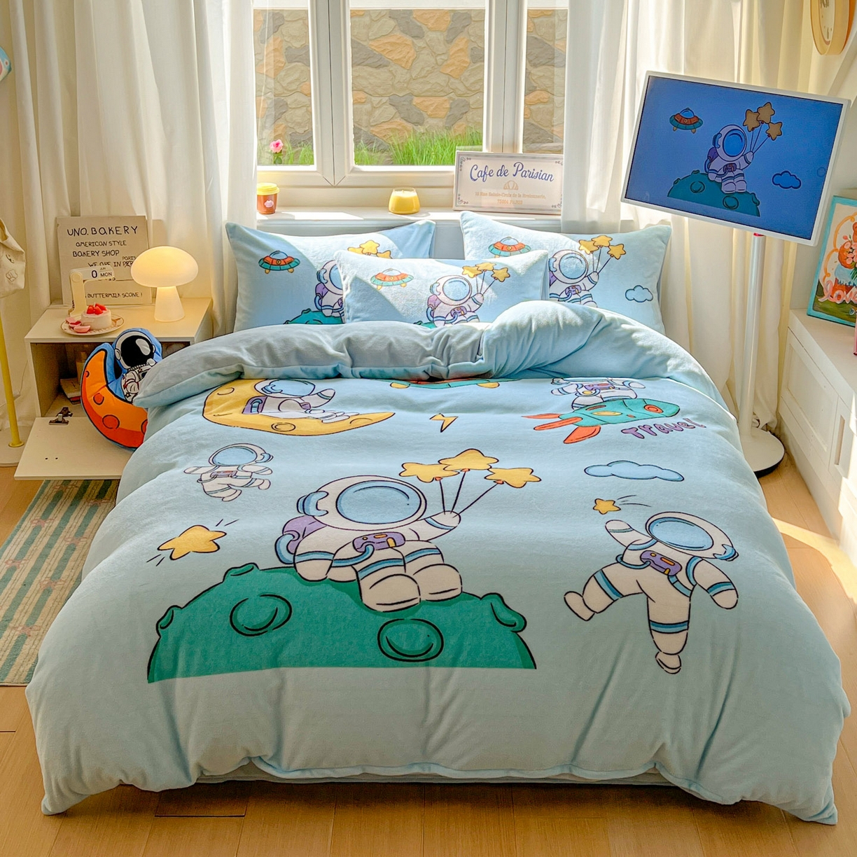 91家纺网 家纺一手货源 找家纺 （总）浩诚 2025新款高克重原创设计宇航员太空人牛奶绒大版卡通四件套