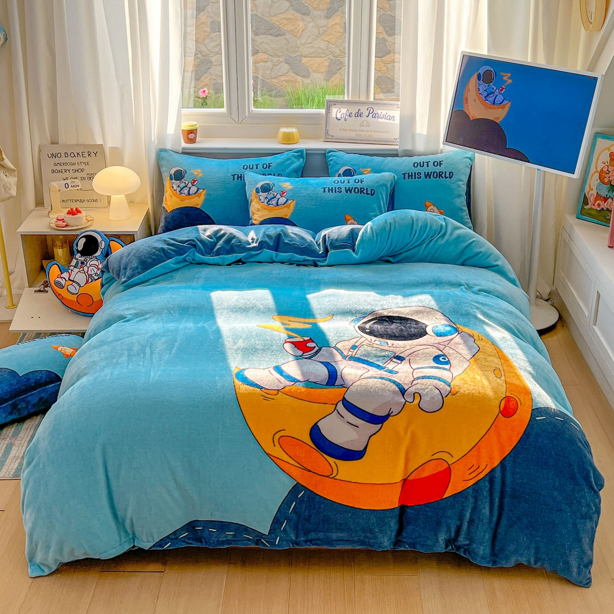 91家纺网 家纺一手货源 找家纺 （总）浩诚 2025新款高克重原创设计宇航员太空人牛奶绒大版卡通四件套