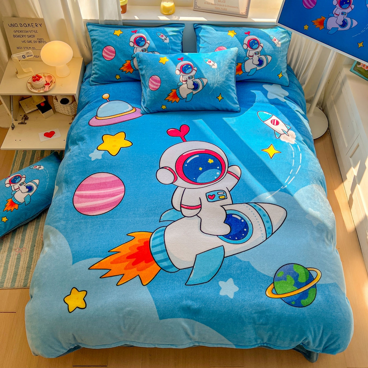 91家纺网 家纺一手货源 找家纺 浩诚 2025新款高克重原创设计宇航员太空人牛奶绒大版卡通四件套 太空飞行