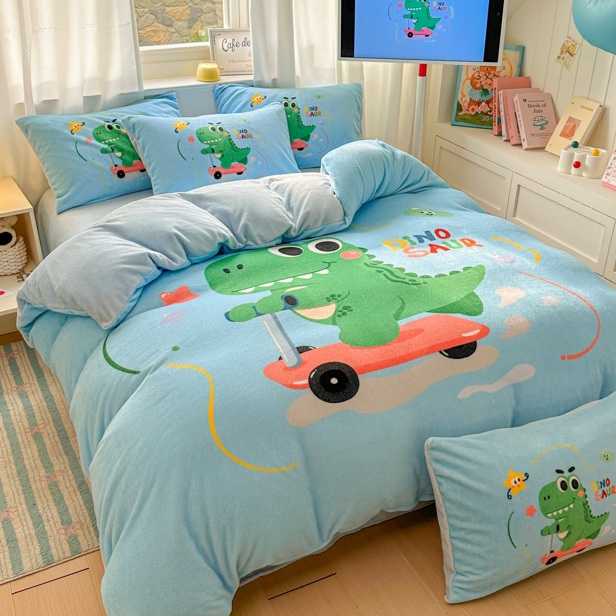 91家纺网 家纺一手货源 找家纺 浩诚 2025新款高克重原创设计宇航员太空人牛奶绒大版卡通四件套 滑板恐龙