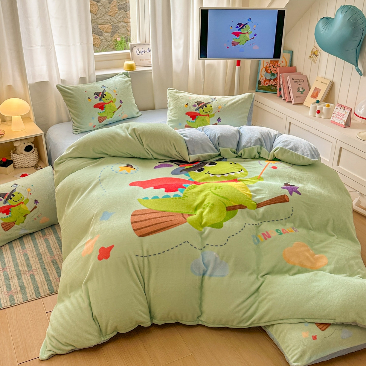 91家纺网 家纺一手货源 找家纺 浩诚 2025新款高克重原创设计宇航员太空人牛奶绒大版卡通四件套 魔法恐龙