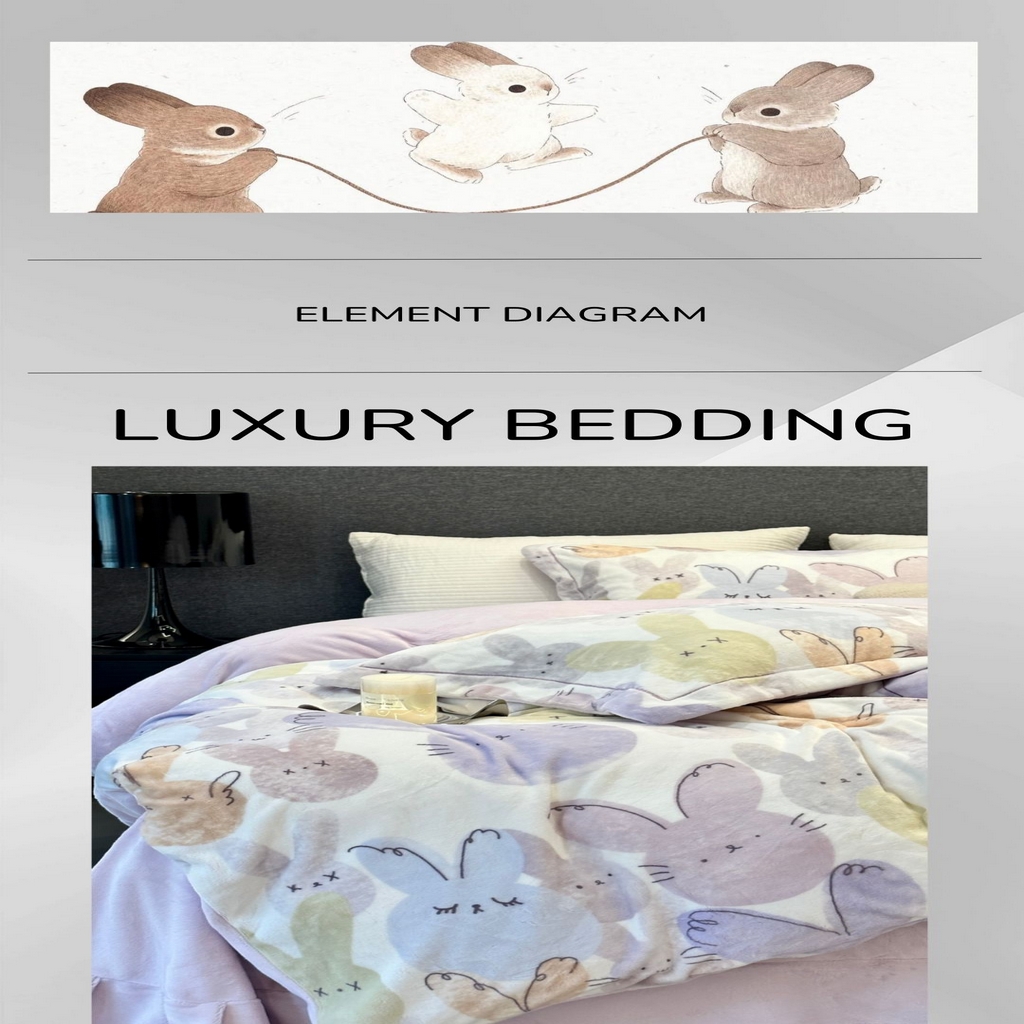 91家纺网 家纺一手货源 找家纺 JUICY 橘滋家纺 2025新款浪漫丰盈牛奶臻棉绒印花系列四件套 波尼兔