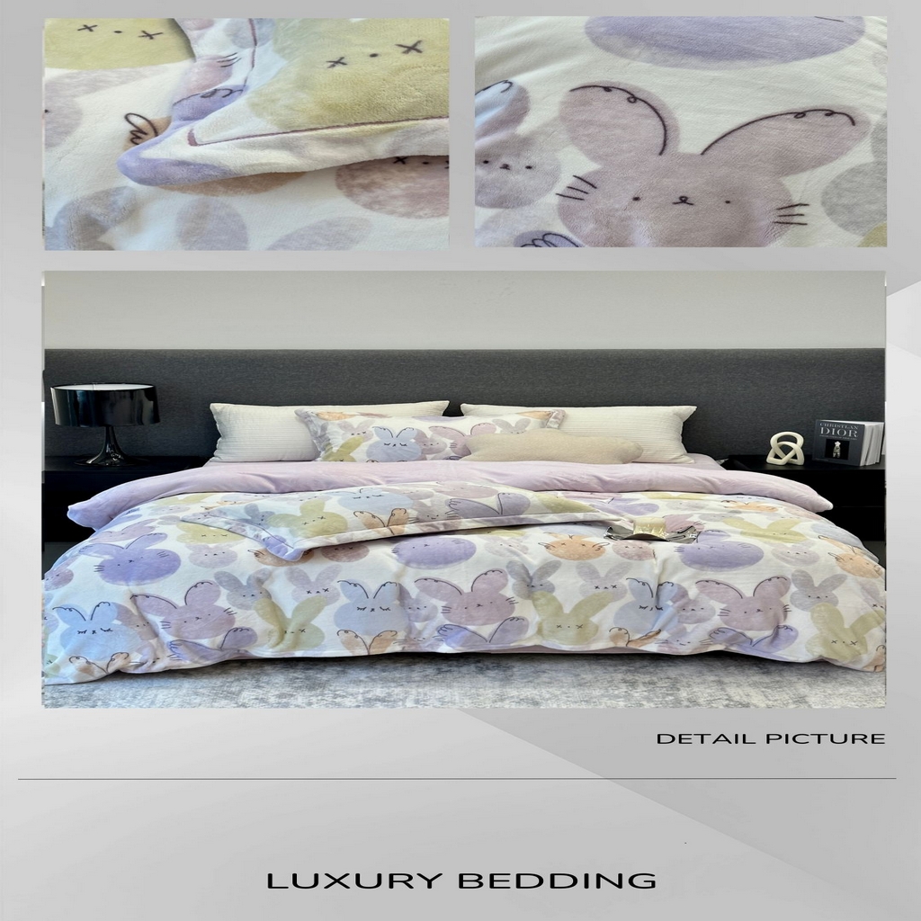 91家纺网 家纺一手货源 找家纺 JUICY 橘滋家纺 2025新款浪漫丰盈牛奶臻棉绒印花系列四件套 波尼兔