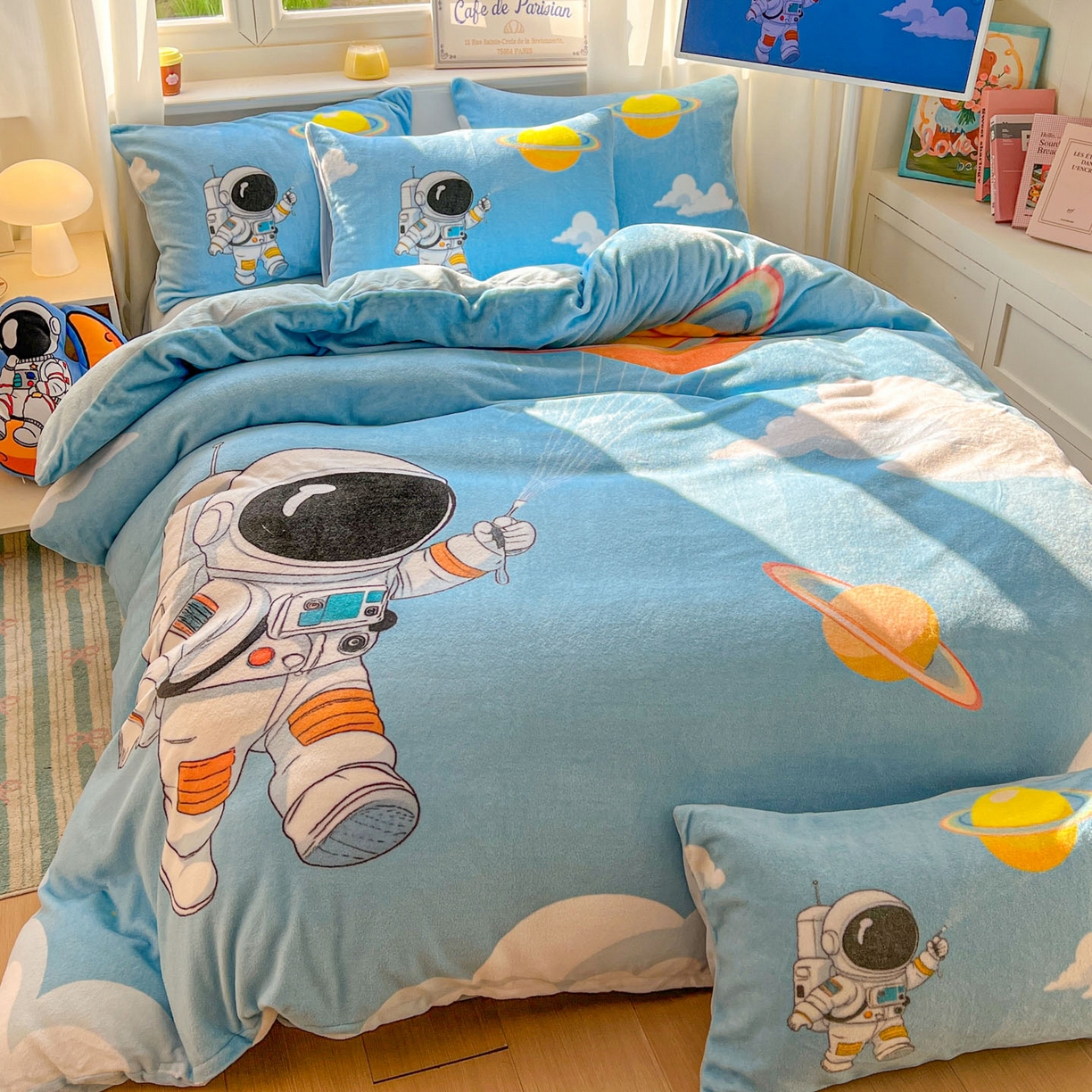 91家纺网 家纺一手货源 找家纺 浩诚 2025新款高克重原创设计宇航员太空人牛奶绒大版卡通四件套 太空漫步