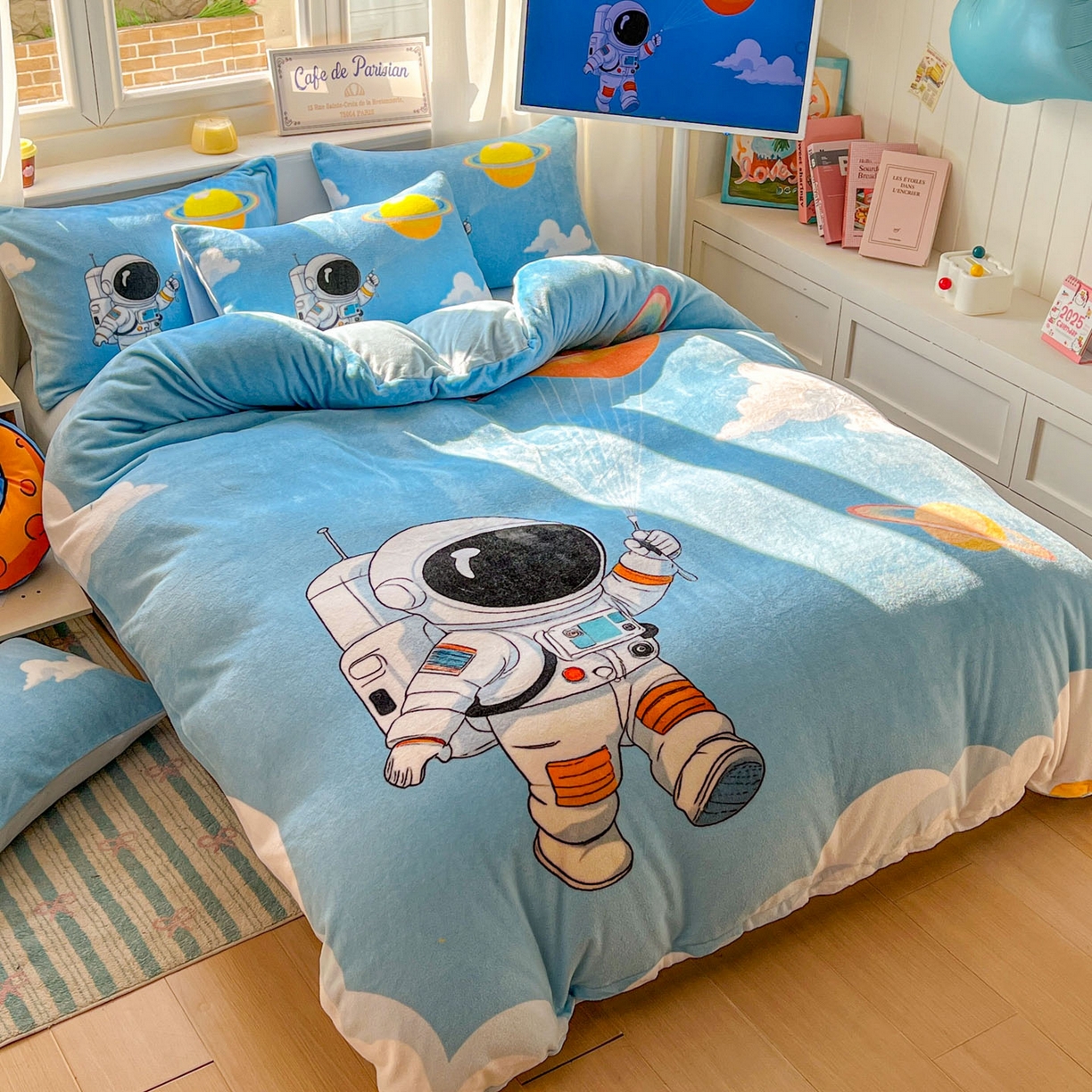 91家纺网 家纺一手货源 找家纺 浩诚 2025新款高克重原创设计宇航员太空人牛奶绒大版卡通四件套 太空漫步