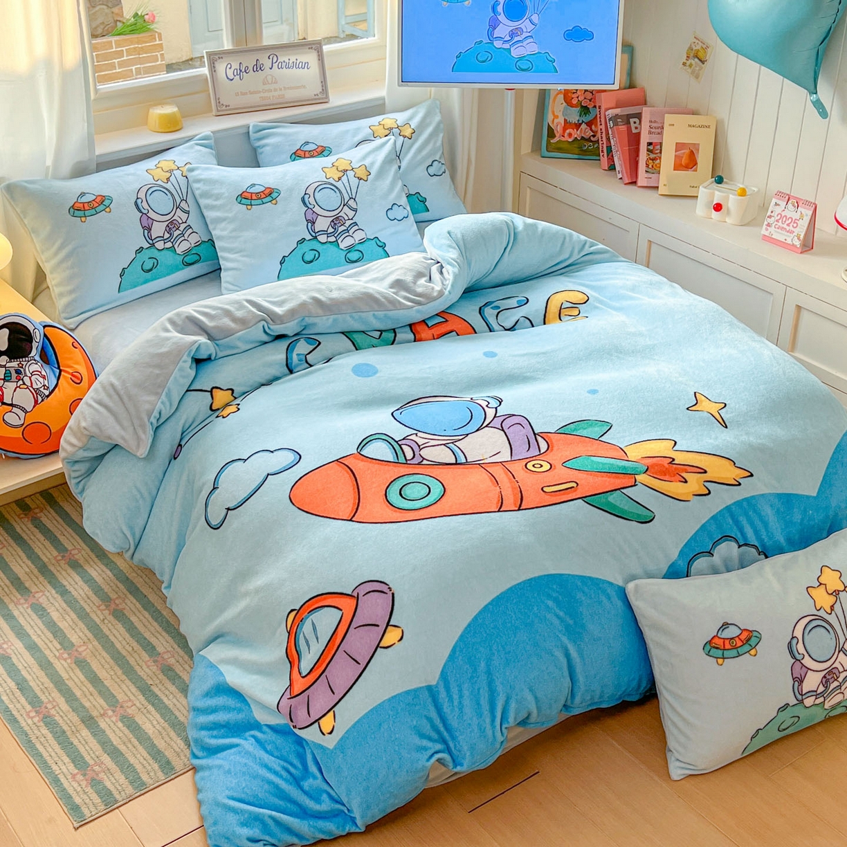 91家纺网 家纺一手货源 找家纺 浩诚 2025新款高克重原创设计宇航员太空人牛奶绒大版卡通四件套 太空探险