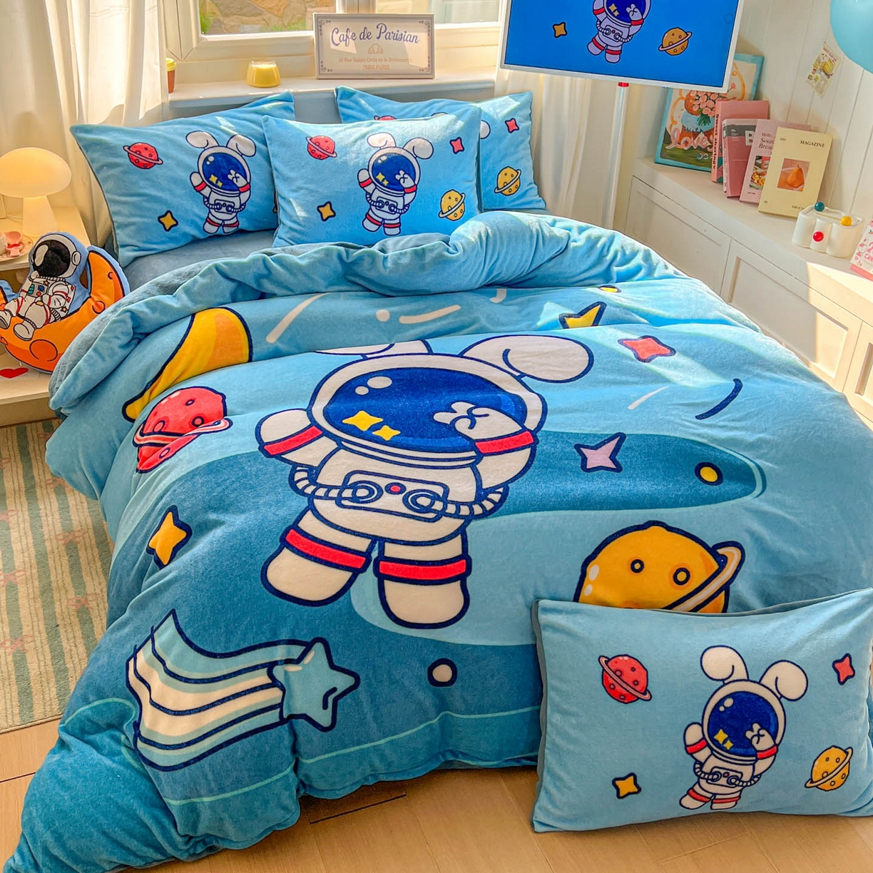 91家纺网 家纺一手货源 找家纺 浩诚 2025新款高克重原创设计宇航员太空人牛奶绒大版卡通四件套 太空兔