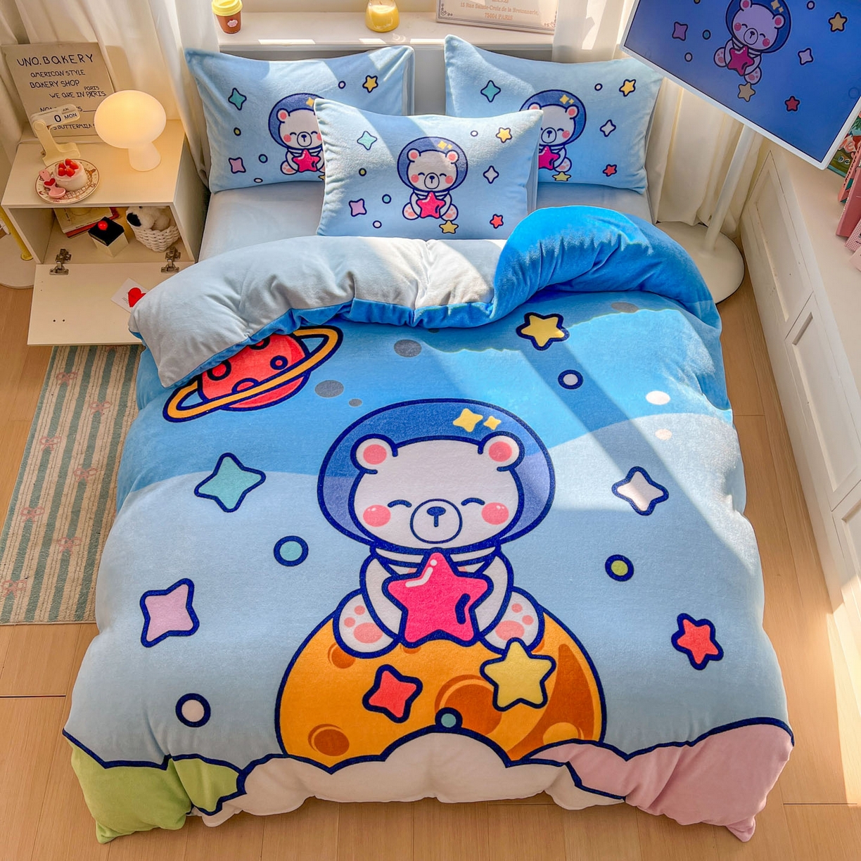 91家纺网 家纺一手货源 找家纺 浩诚 2025新款高克重原创设计宇航员太空人牛奶绒大版卡通四件套 太空熊