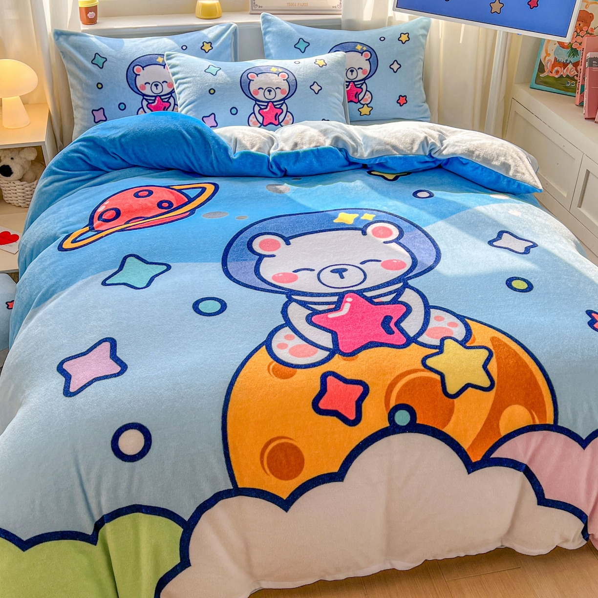91家纺网 家纺一手货源 找家纺 浩诚 2025新款高克重原创设计宇航员太空人牛奶绒大版卡通四件套 太空熊