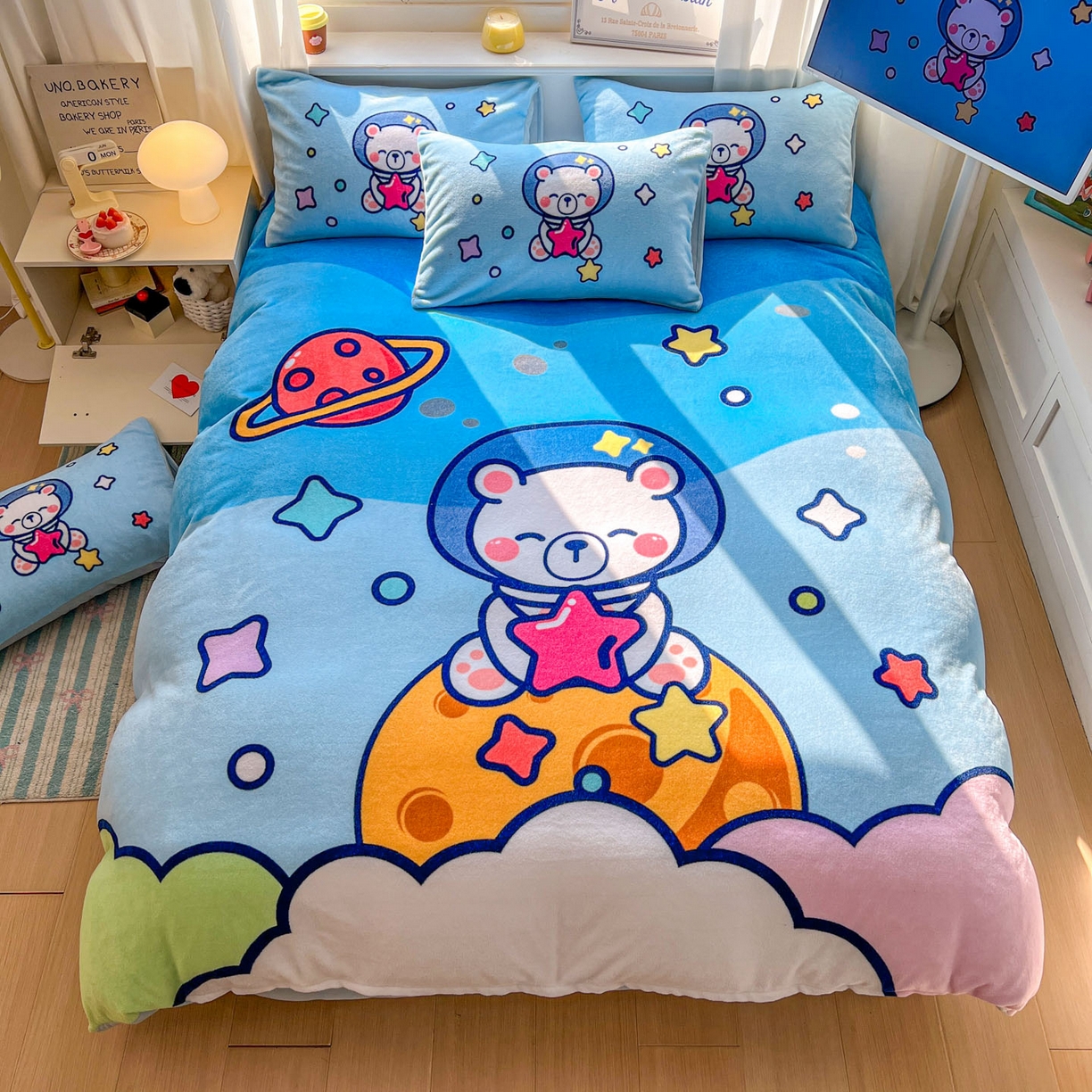 91家纺网 家纺一手货源 找家纺 浩诚 2025新款高克重原创设计宇航员太空人牛奶绒大版卡通四件套 太空熊