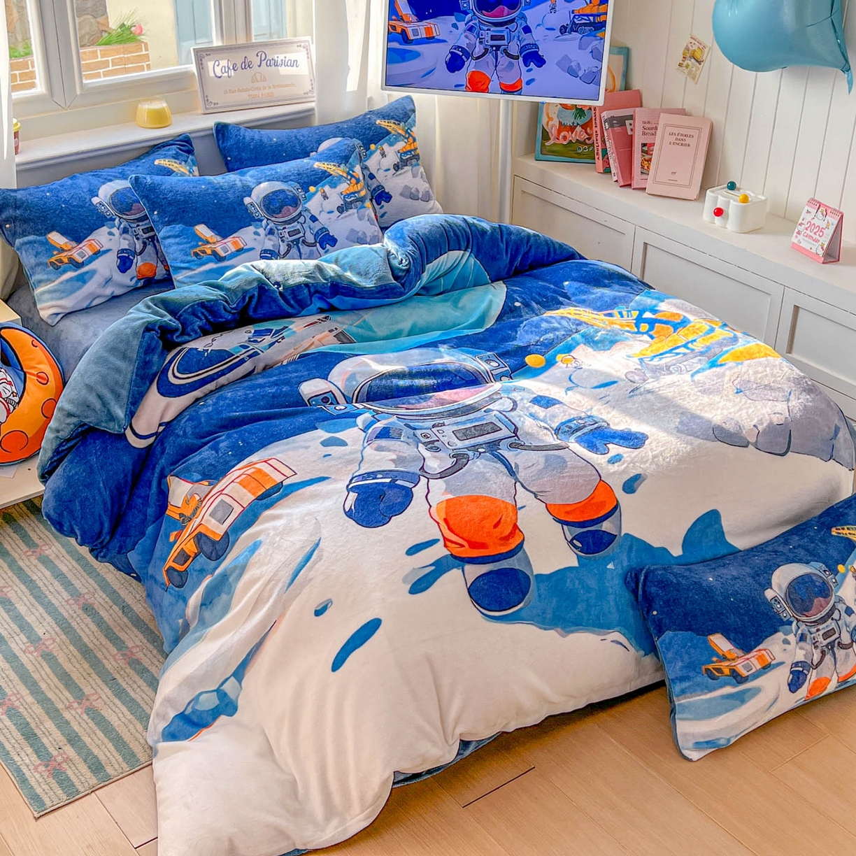 91家纺网 家纺一手货源 找家纺 浩诚 2025新款高克重原创设计宇航员太空人牛奶绒大版卡通四件套 星际工程