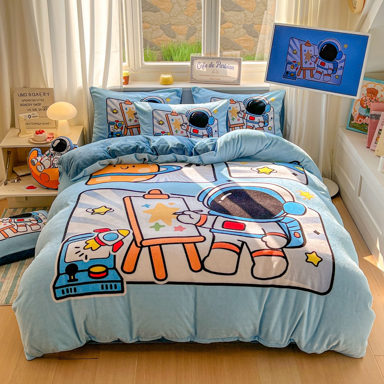 91家纺网 家纺一手货源 找家纺 浩诚 2025新款高克重原创设计宇航员太空人牛奶绒大版卡通四件套 星际画家