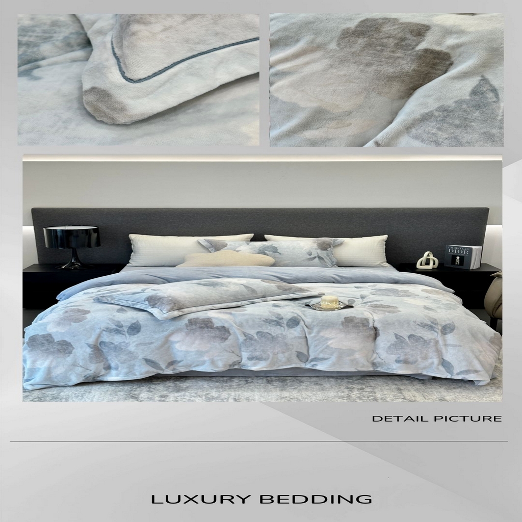 91家纺网 家纺一手货源 找家纺 JUICY 橘滋家纺 2025新款浪漫丰盈牛奶臻棉绒印花系列四件套 朵影