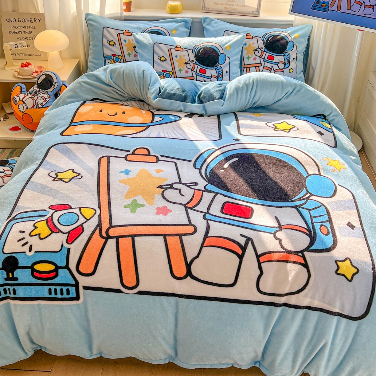 91家纺网 家纺一手货源 找家纺 浩诚 2025新款高克重原创设计宇航员太空人牛奶绒大版卡通四件套 星际画家