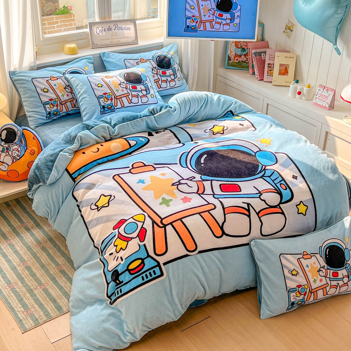 91家纺网 家纺一手货源 找家纺 浩诚 2025新款高克重原创设计宇航员太空人牛奶绒大版卡通四件套 星际画家