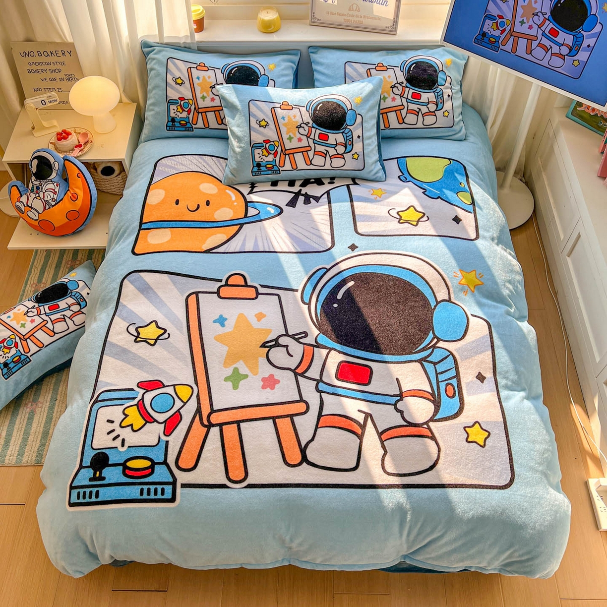 91家纺网 家纺一手货源 找家纺 浩诚 2025新款高克重原创设计宇航员太空人牛奶绒大版卡通四件套 星际画家