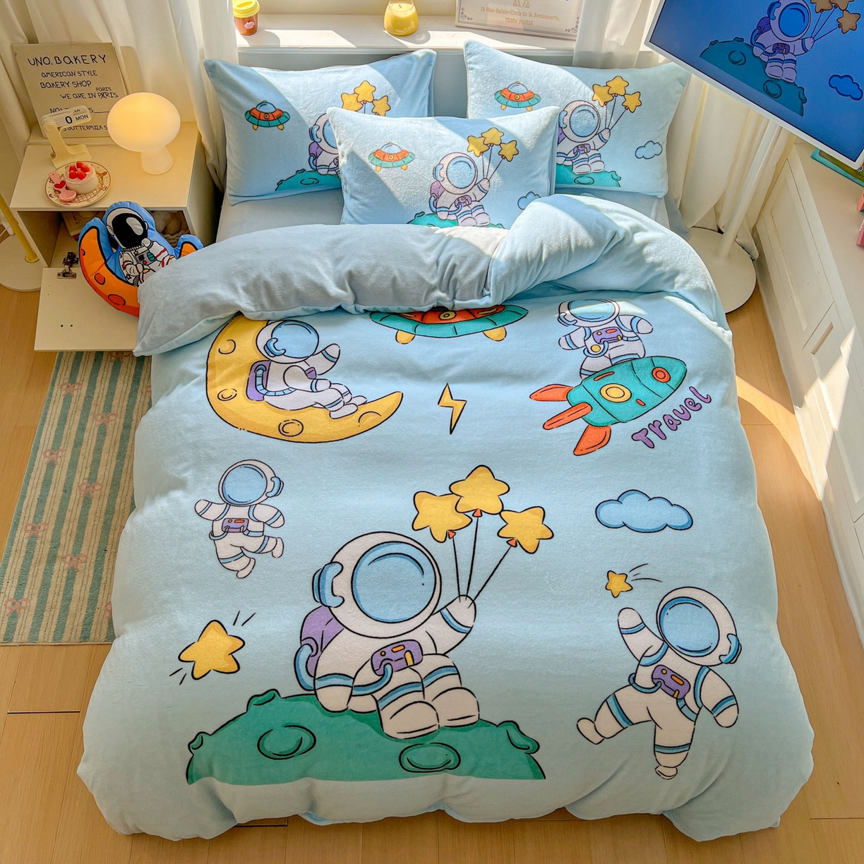 91家纺网 家纺一手货源 找家纺 浩诚 2025新款高克重原创设计宇航员太空人牛奶绒大版卡通四件套 宇航员家族
