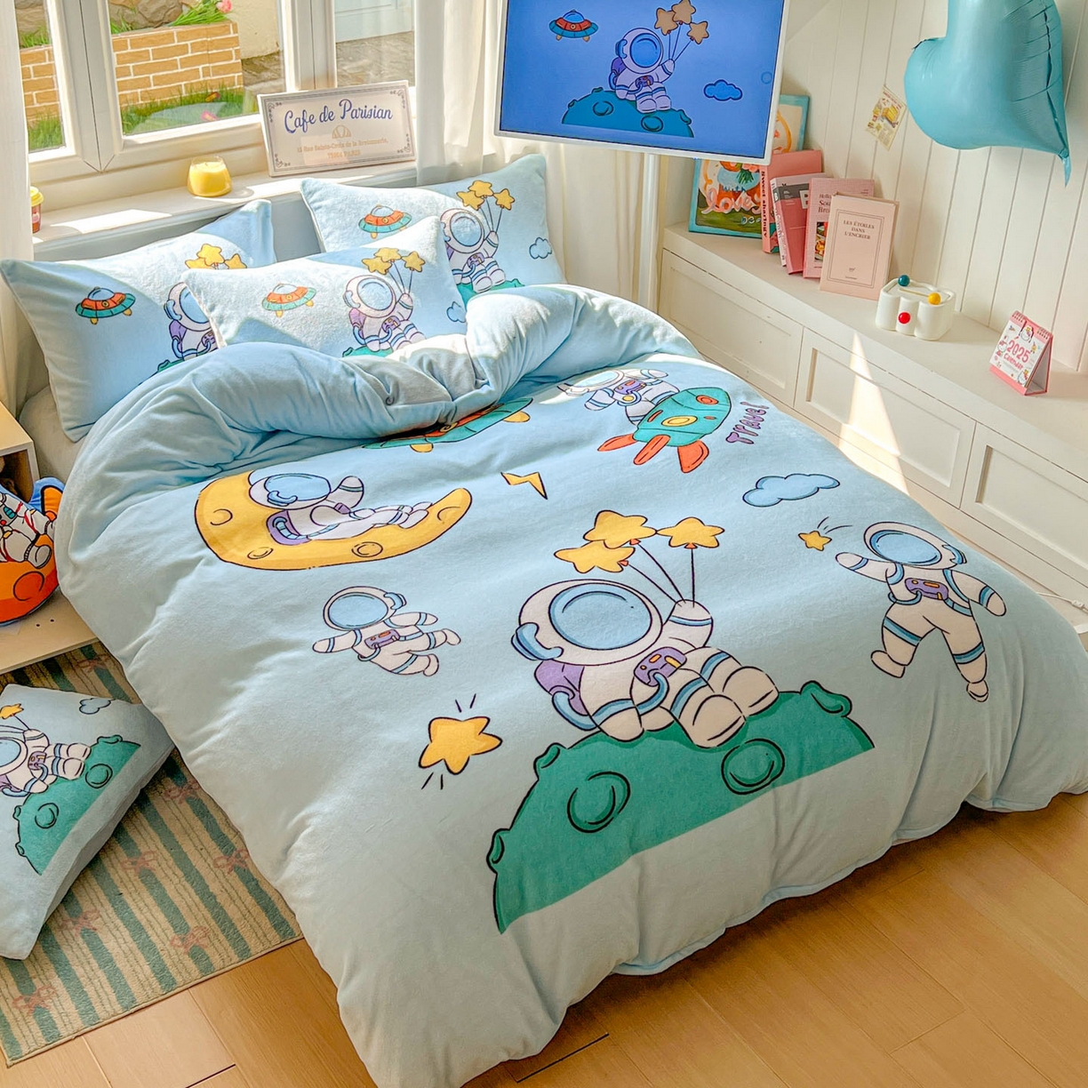 91家纺网 家纺一手货源 找家纺 浩诚 2025新款高克重原创设计宇航员太空人牛奶绒大版卡通四件套 宇航员家族