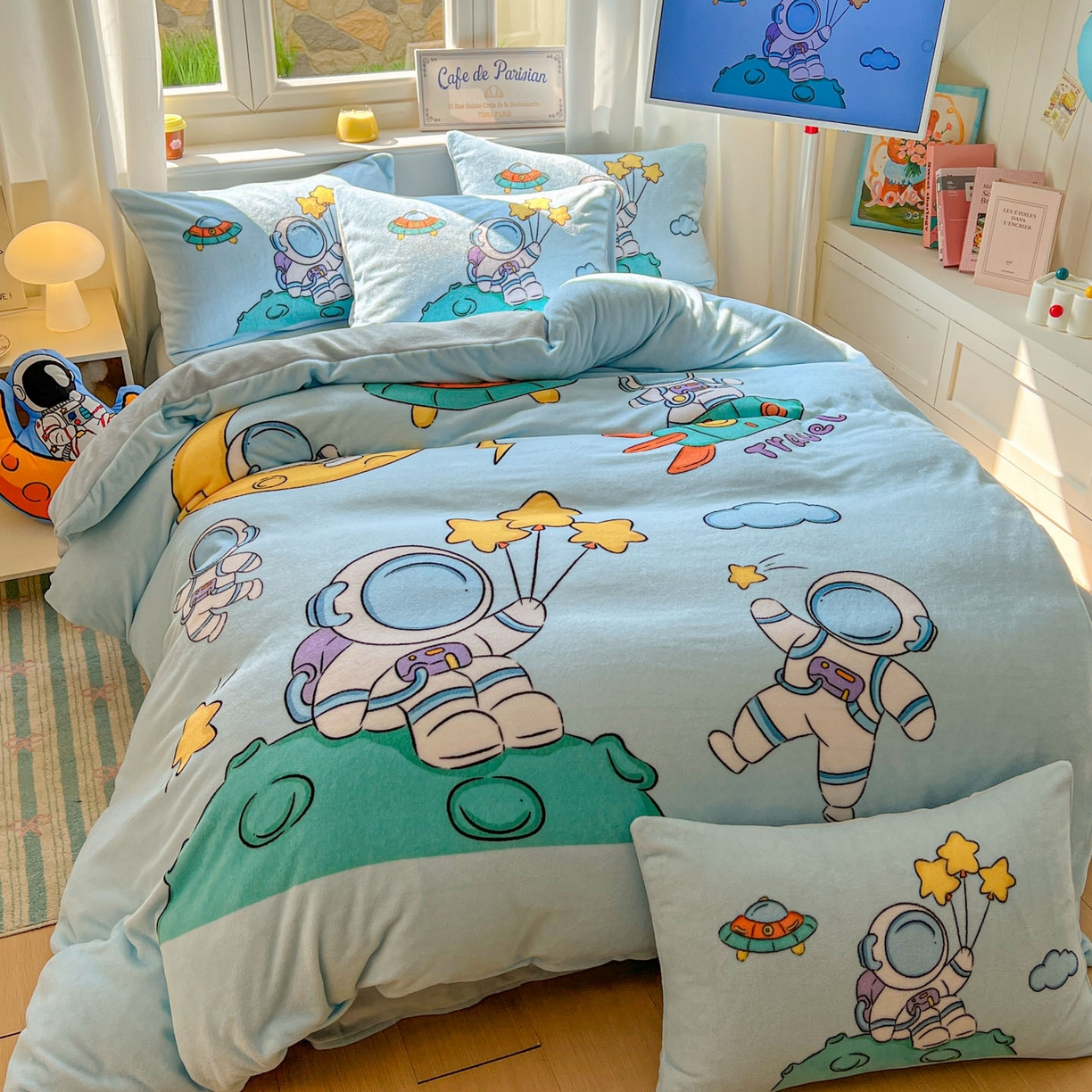 91家纺网 家纺一手货源 找家纺 浩诚 2025新款高克重原创设计宇航员太空人牛奶绒大版卡通四件套 宇航员家族