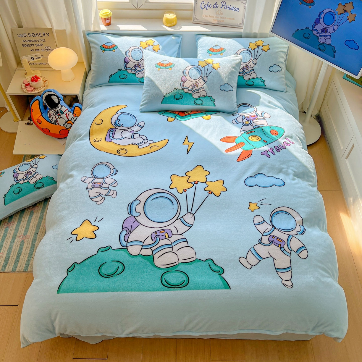 91家纺网 家纺一手货源 找家纺 浩诚 2025新款高克重原创设计宇航员太空人牛奶绒大版卡通四件套 宇航员家族