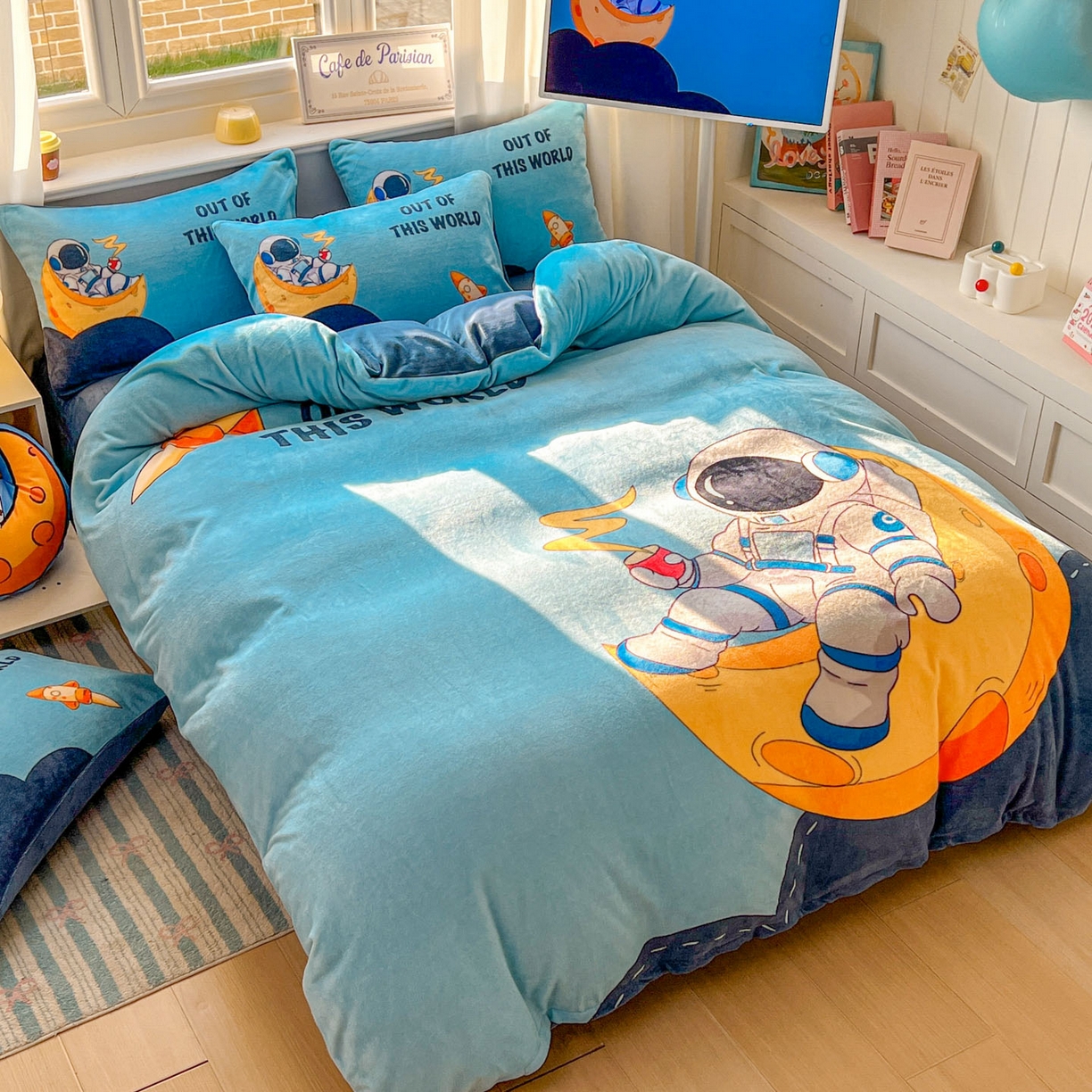 91家纺网 家纺一手货源 找家纺 浩诚 2025新款高克重原创设计宇航员太空人牛奶绒大版卡通四件套 圆梦星球