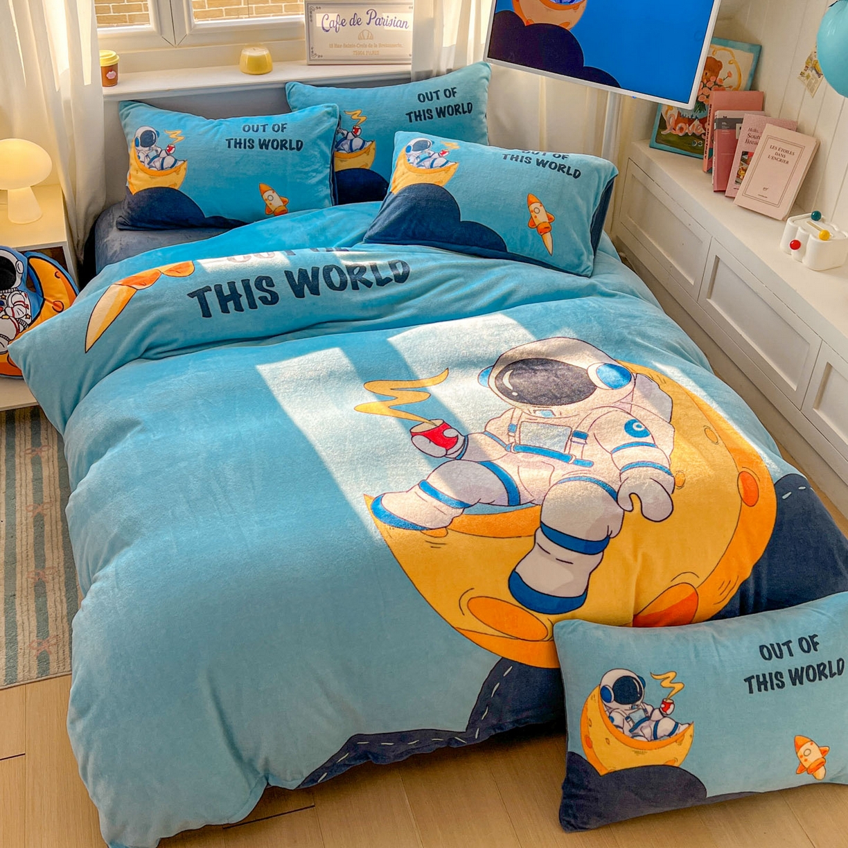 91家纺网 家纺一手货源 找家纺 浩诚 2025新款高克重原创设计宇航员太空人牛奶绒大版卡通四件套 圆梦星球