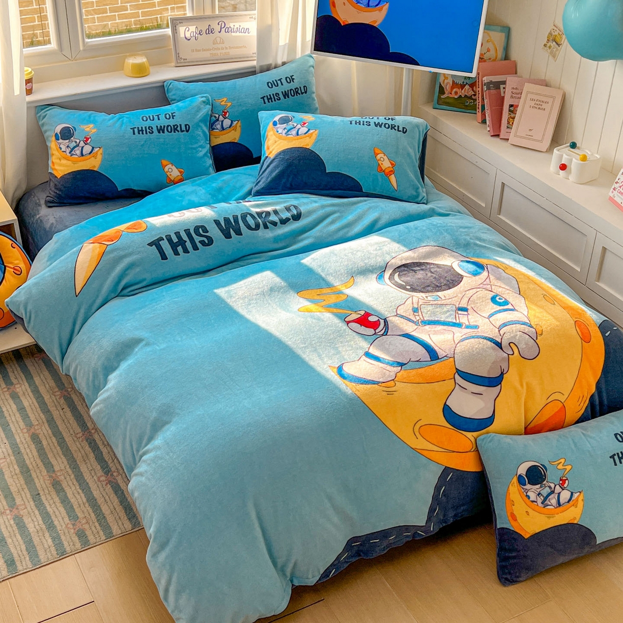 91家纺网 家纺一手货源 找家纺 浩诚 2025新款高克重原创设计宇航员太空人牛奶绒大版卡通四件套 圆梦星球