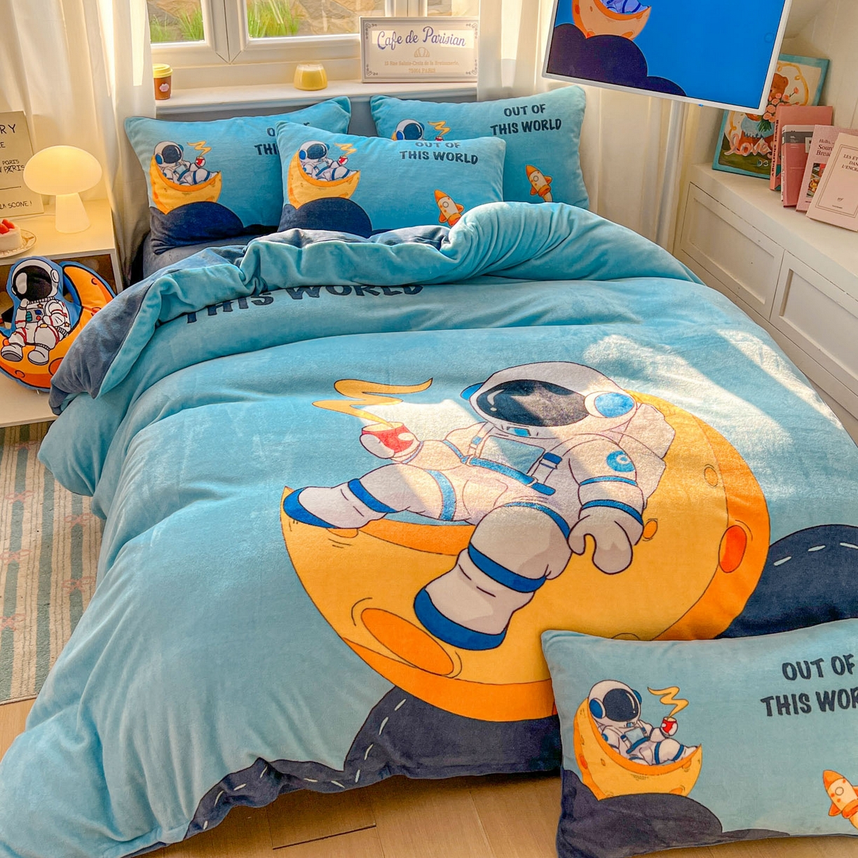 91家纺网 家纺一手货源 找家纺 浩诚 2025新款高克重原创设计宇航员太空人牛奶绒大版卡通四件套 圆梦星球