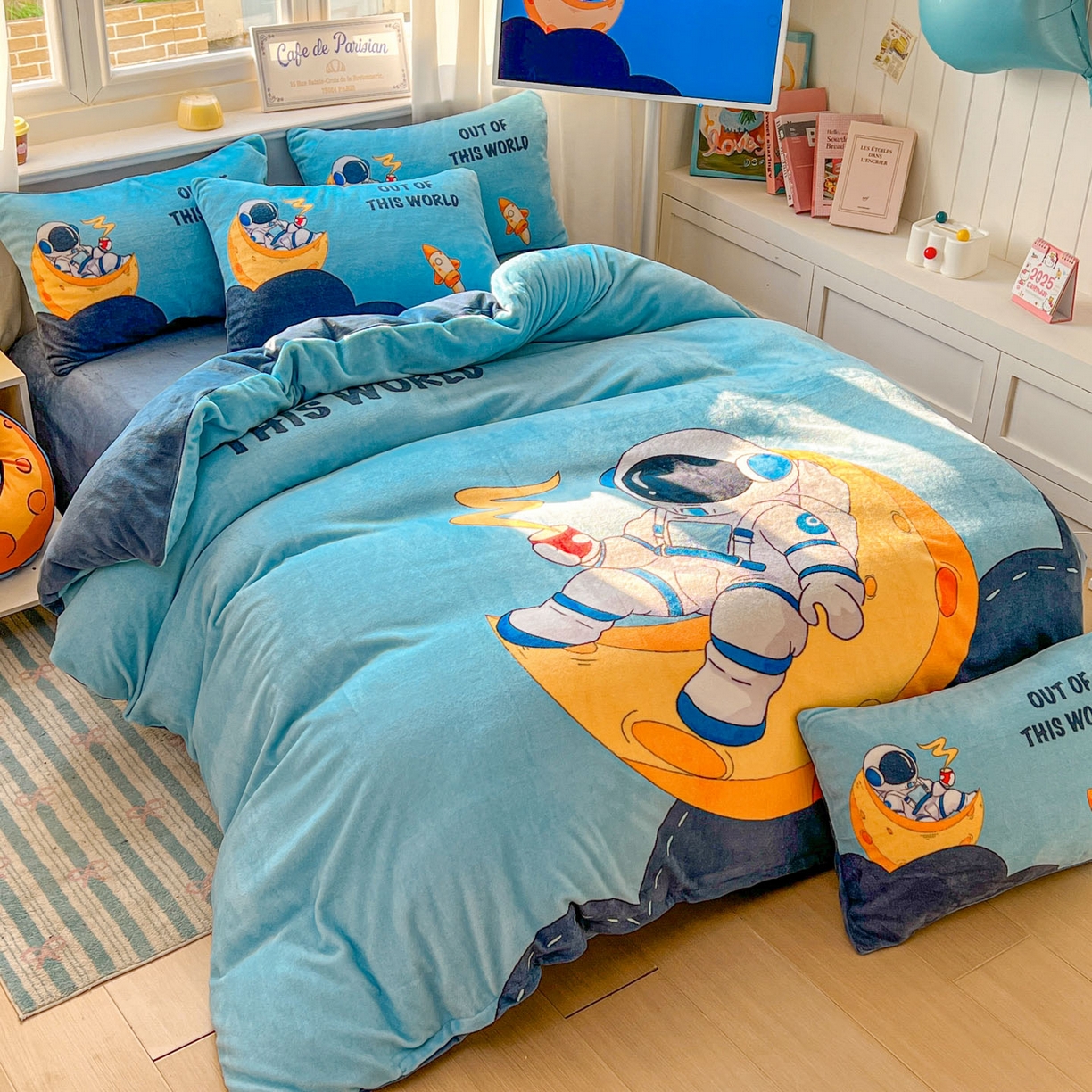 91家纺网 家纺一手货源 找家纺 浩诚 2025新款高克重原创设计宇航员太空人牛奶绒大版卡通四件套 圆梦星球