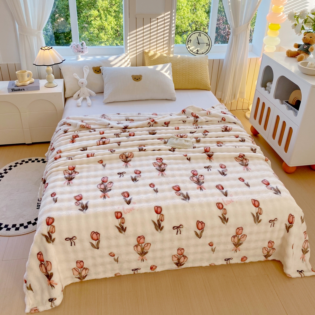 91家纺网 家纺一手货源 找家纺 yyds网供 2025新款简约印花泡泡绒毯多功能加绒盖毯沙发空调房办公午休毯毛毯毯子 粉色郁金香-泡泡绒