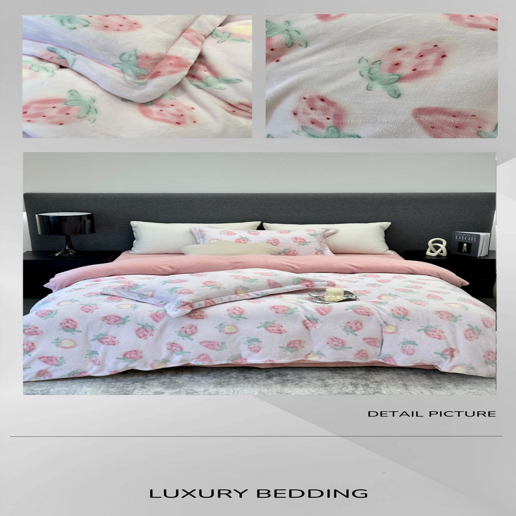 91家纺网 家纺一手货源 找家纺 JUICY 橘滋家纺 2025新款浪漫丰盈牛奶臻棉绒印花系列四件套 莓时莓刻