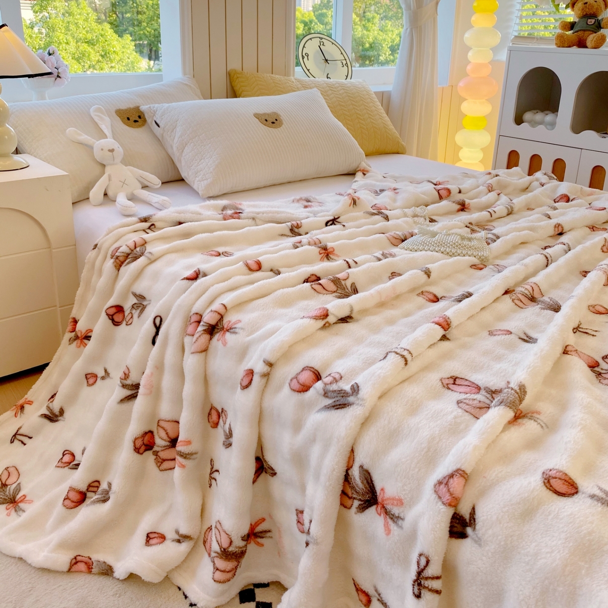 91家纺网 家纺一手货源 找家纺 yyds网供 2025新款简约印花泡泡绒毯多功能加绒盖毯沙发空调房办公午休毯毛毯毯子 粉色郁金香-泡泡绒