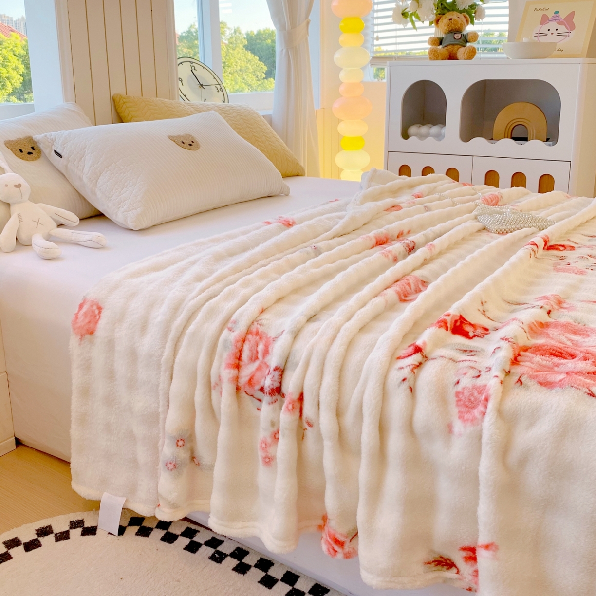 91家纺网 家纺一手货源 找家纺 yyds网供 2025新款简约印花泡泡绒毯多功能加绒盖毯沙发空调房办公午休毯毛毯毯子 国色天香-泡泡绒