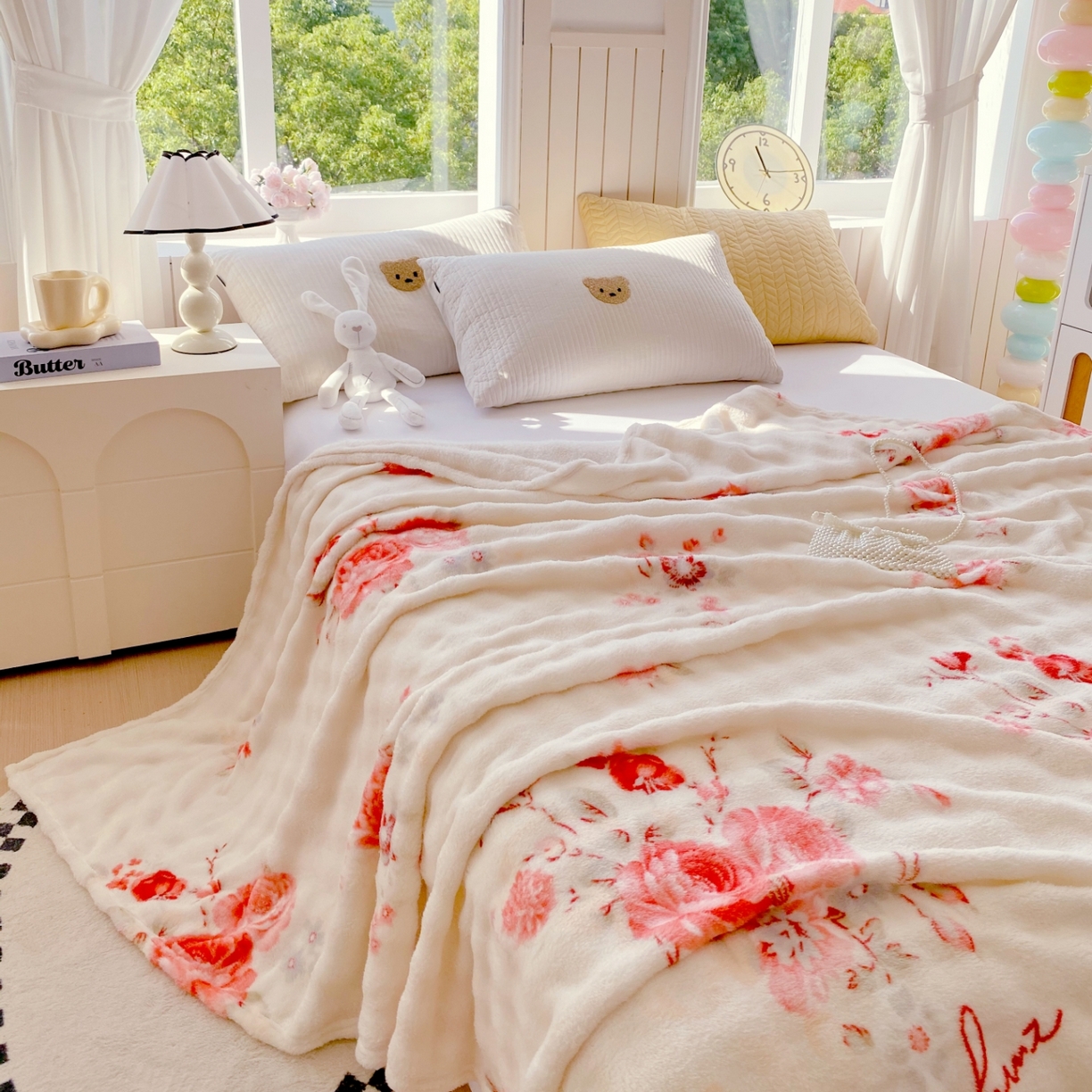 91家纺网 家纺一手货源 找家纺 yyds网供 2025新款简约印花泡泡绒毯多功能加绒盖毯沙发空调房办公午休毯毛毯毯子 国色天香-泡泡绒