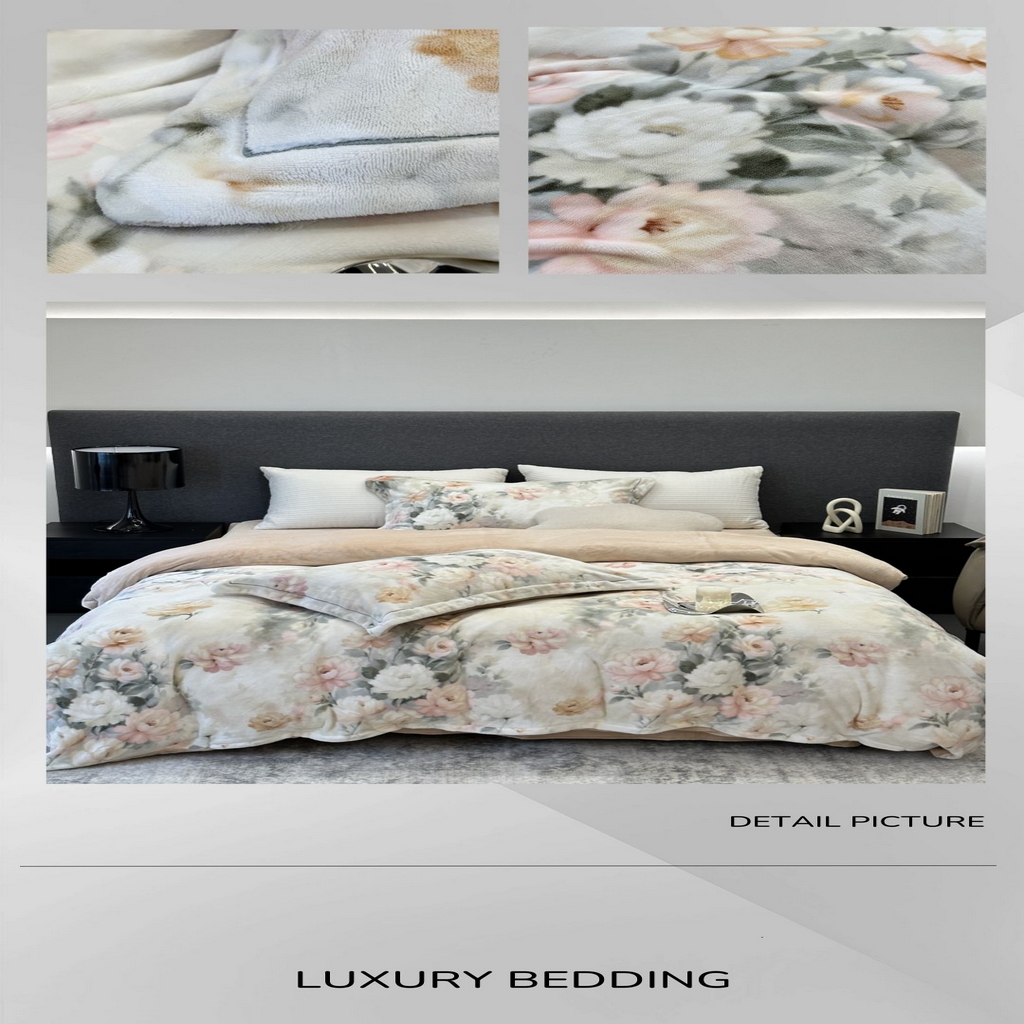 91家纺网 家纺一手货源 找家纺 JUICY 橘滋家纺 2025新款浪漫丰盈牛奶臻棉绒印花系列四件套 墨染