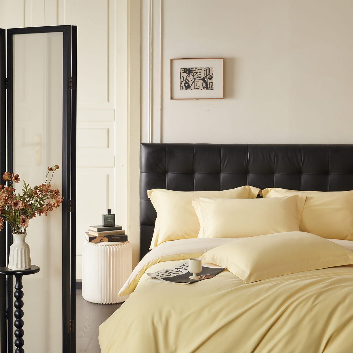 91家纺网 家纺一手货源 找家纺 秀色家纺 2025新款60支长绒棉双面加厚磨毛保暖纯棉四件套纯色被套全棉轻奢高级感 麦秆黄+奶油