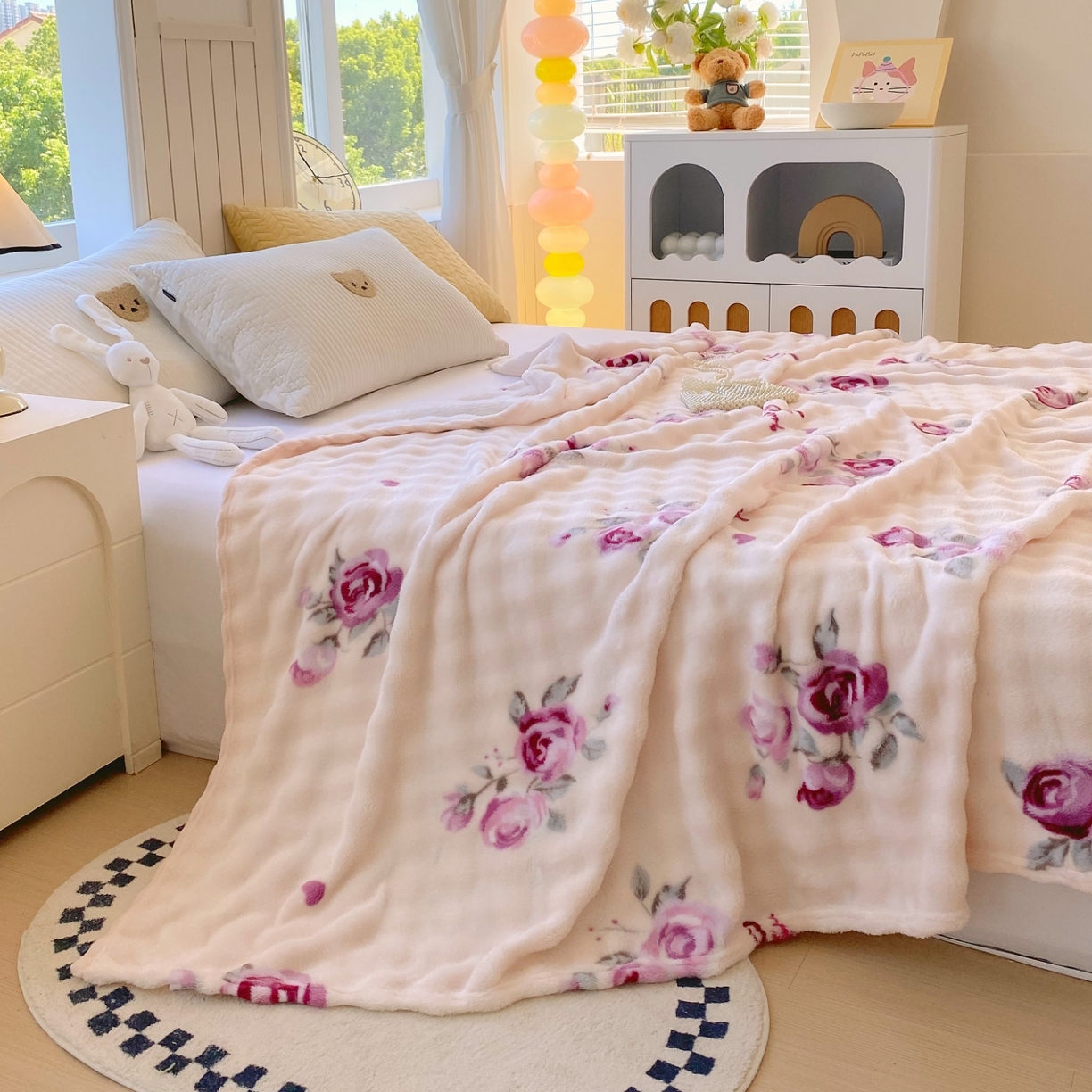 91家纺网 家纺一手货源 找家纺 yyds网供 2025新款简约印花泡泡绒毯多功能加绒盖毯沙发空调房办公午休毯毛毯毯子 玫瑰情缘-泡泡绒