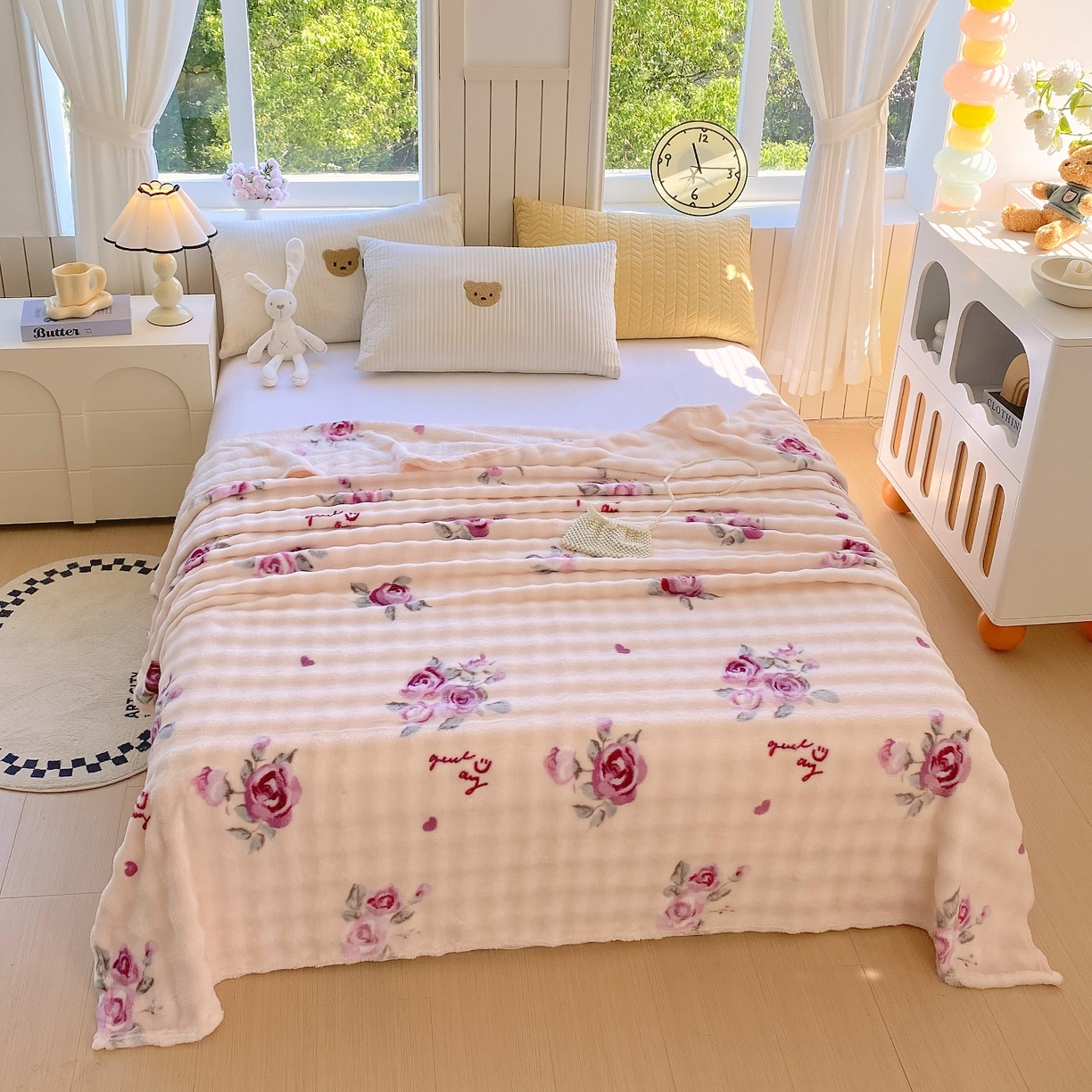 91家纺网 家纺一手货源 找家纺 yyds网供 2025新款简约印花泡泡绒毯多功能加绒盖毯沙发空调房办公午休毯毛毯毯子 玫瑰情缘-泡泡绒