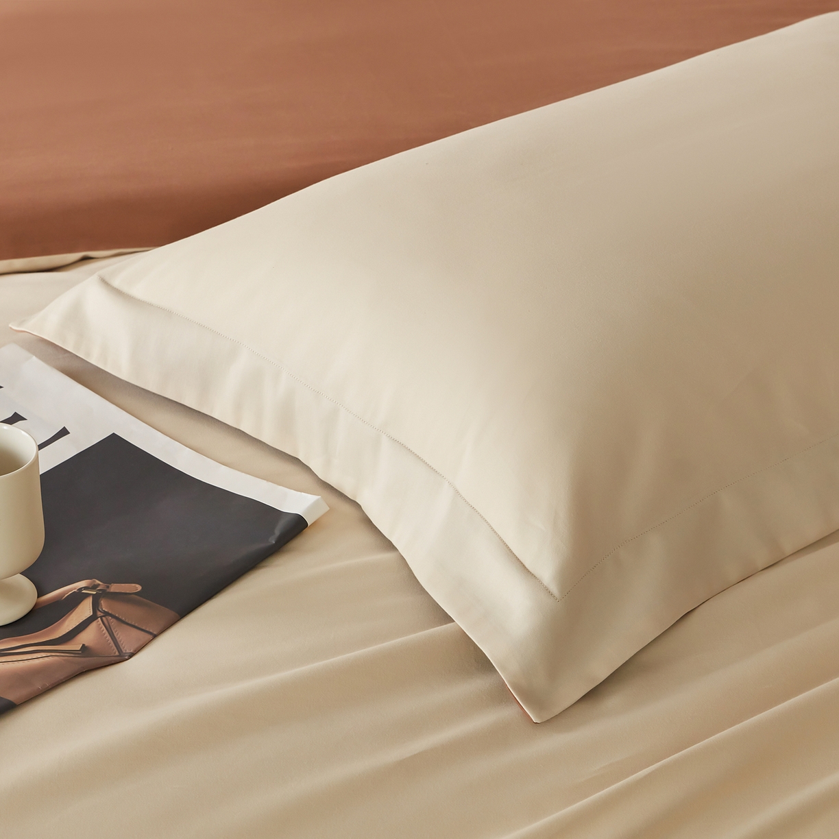 91家纺网 家纺一手货源 找家纺 秀色家纺 2025新款60支长绒棉双面加厚磨毛保暖纯棉四件套纯色被套全棉轻奢高级感 奶油+深栗色