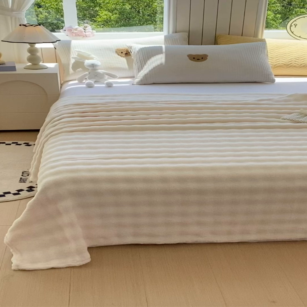 91家纺网 家纺一手货源 找家纺 yyds网供 2025新款简约印花泡泡绒毯多功能加绒盖毯沙发空调房办公午休毯毛毯毯子 奶白-泡泡绒