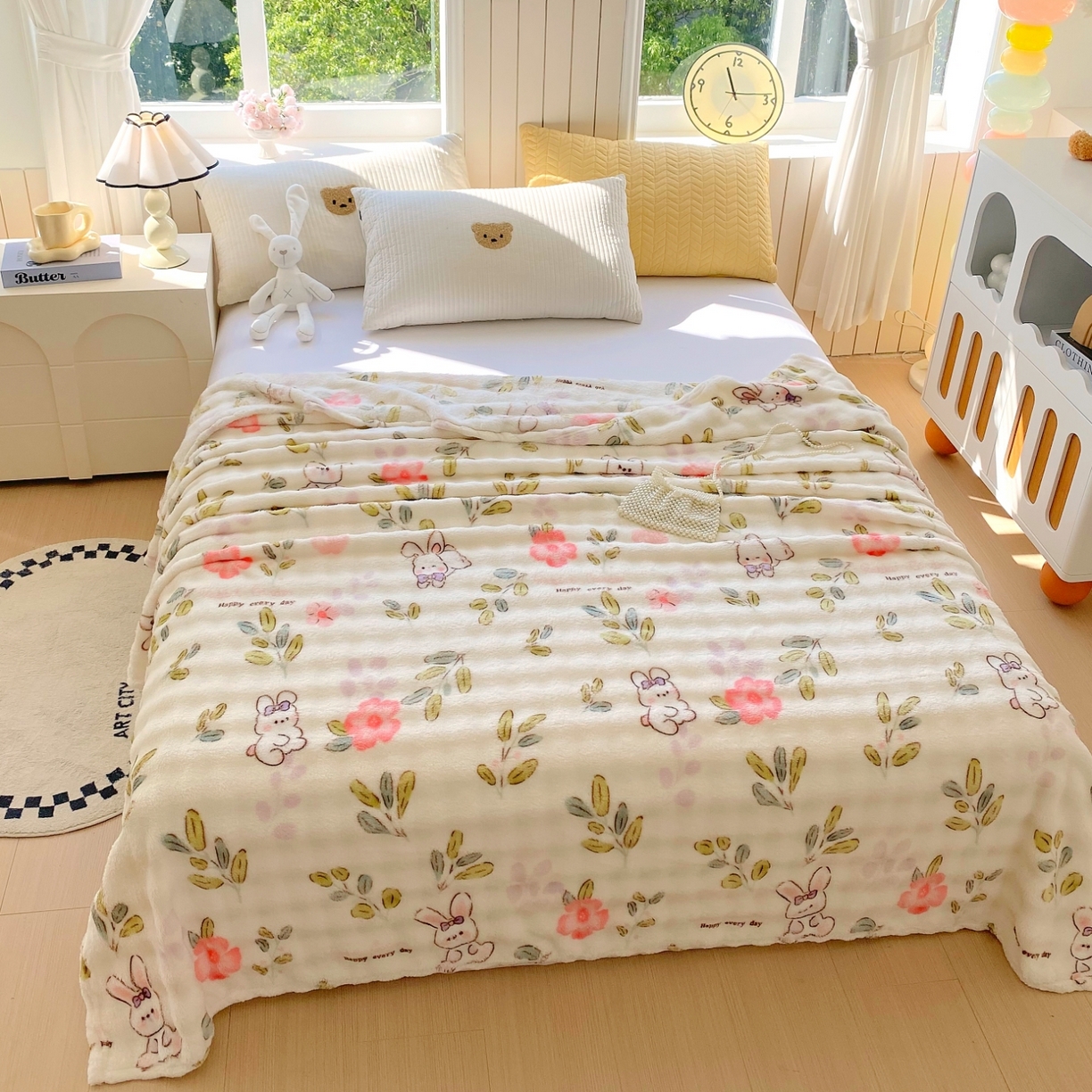 91家纺网 家纺一手货源 找家纺 yyds网供 2025新款简约印花泡泡绒毯多功能加绒盖毯沙发空调房办公午休毯毛毯毯子 青青小兔-泡泡绒