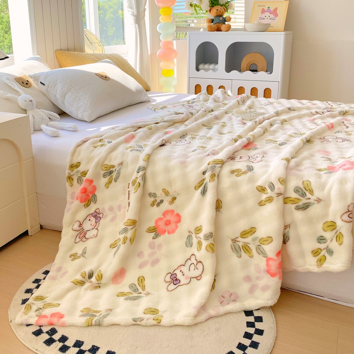 91家纺网 家纺一手货源 找家纺 yyds网供 2025新款简约印花泡泡绒毯多功能加绒盖毯沙发空调房办公午休毯毛毯毯子 青青小兔-泡泡绒