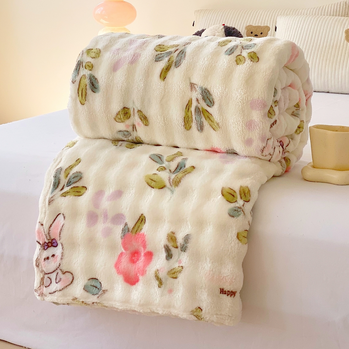 91家纺网 家纺一手货源 找家纺 yyds网供 2025新款简约印花泡泡绒毯多功能加绒盖毯沙发空调房办公午休毯毛毯毯子 青青小兔-泡泡绒